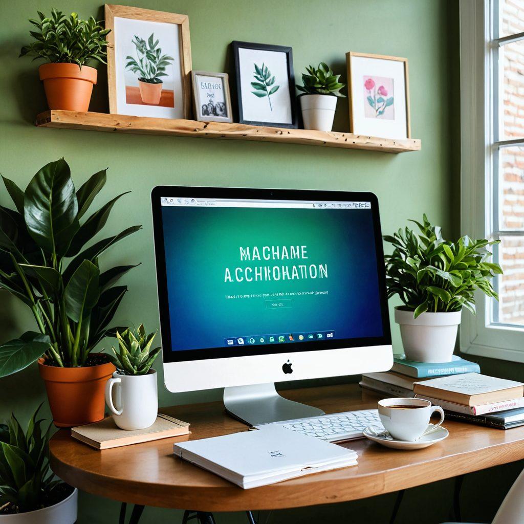A cozy workspace featuring an open laptop with a vibrant blogging dashboard visible, a steaming cup of coffee beside it, stacks of books about blogging and web hosting, and a potted plant for a touch of green. On the wall, a motivational quote about reaching audiences is framed. The atmosphere should convey inspiration and creativity, inviting aspiring personal bloggers to engage. super-realistic. vibrant colors. warm lighting.