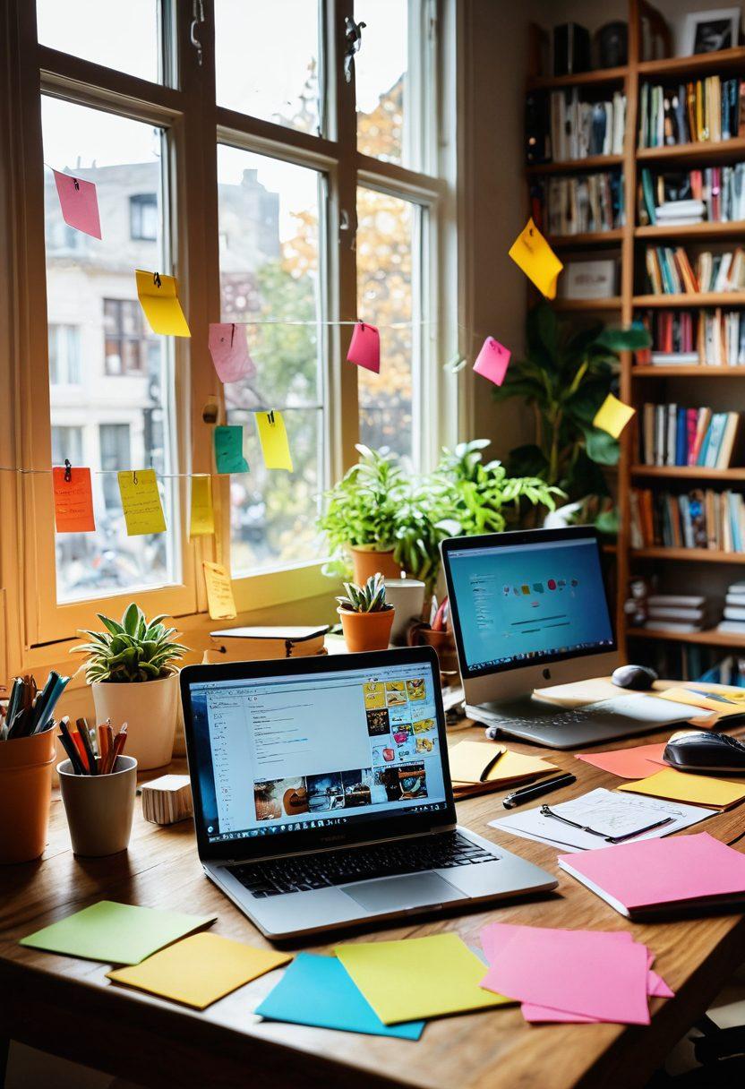 An intricate workspace filled with digital tools, laptops displaying vibrant blog interfaces, and colorful sticky notes scattered around. A person thoughtfully engaging with a creative digital platform while coffee cups and books about blog management are placed in the background. Bright sunlight streaming through a window to accentuate the warm, inviting atmosphere. super-realistic. vibrant colors. warm lighting.
